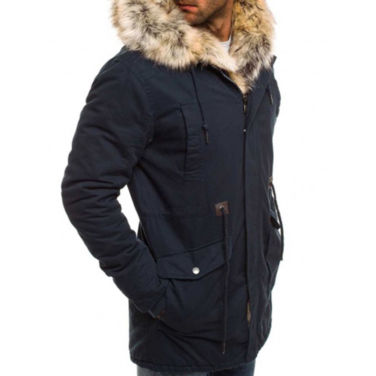 Fur collar cotton clothes in navy with fur collar, perfect for trendy casual wear. Ideal for youth fashion.
