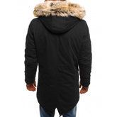 Back view of a man wearing a fur collar cotton clothes jacket in black, featuring a stylish hood and long hem.