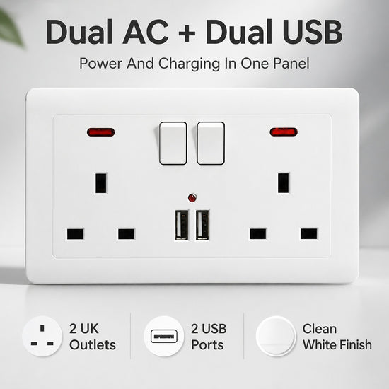 Double Wall Plug Socket 2 Gang 13A W 2 Charger