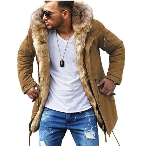 Man wearing fur collar cotton clothes with sunglasses in a casual outfit, showcasing trendy, handsome style.