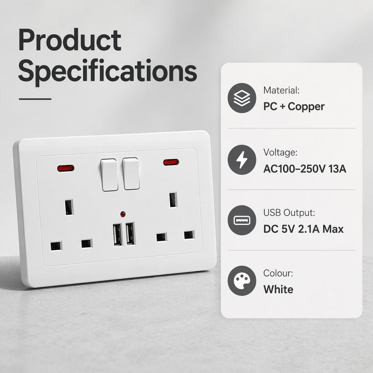 Double Wall Plug Socket 2 Gang 13A W 2 Charger