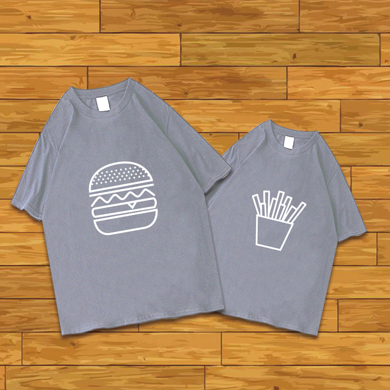 Leisure Printed Parent-child Clothes Summer Clothes featuring burger and fries designs on gray shirts.