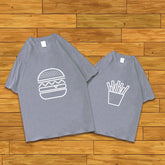 Leisure Printed Parent-child Clothes Summer Clothes featuring burger and fries designs on gray shirts.