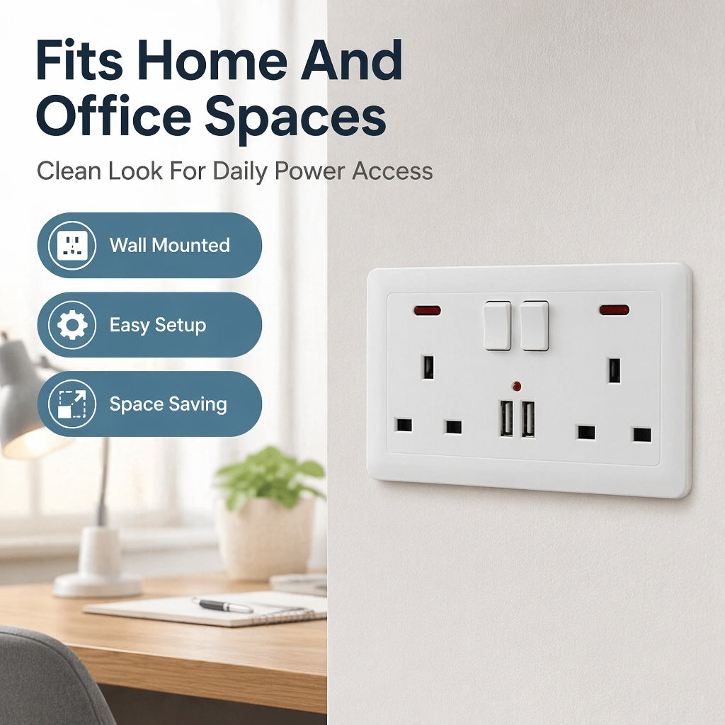 Double Wall Plug Socket 2 Gang 13A W 2 Charger