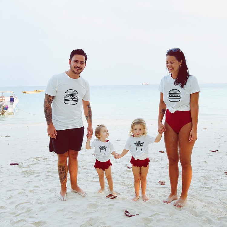 Leisure Printed Parent-child Clothes Summer Clothes worn by a family on the beach, featuring food graphic prints.