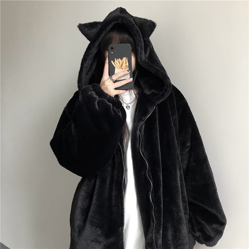 Thickened Ears Furry Coat Cotton Clothes Women&