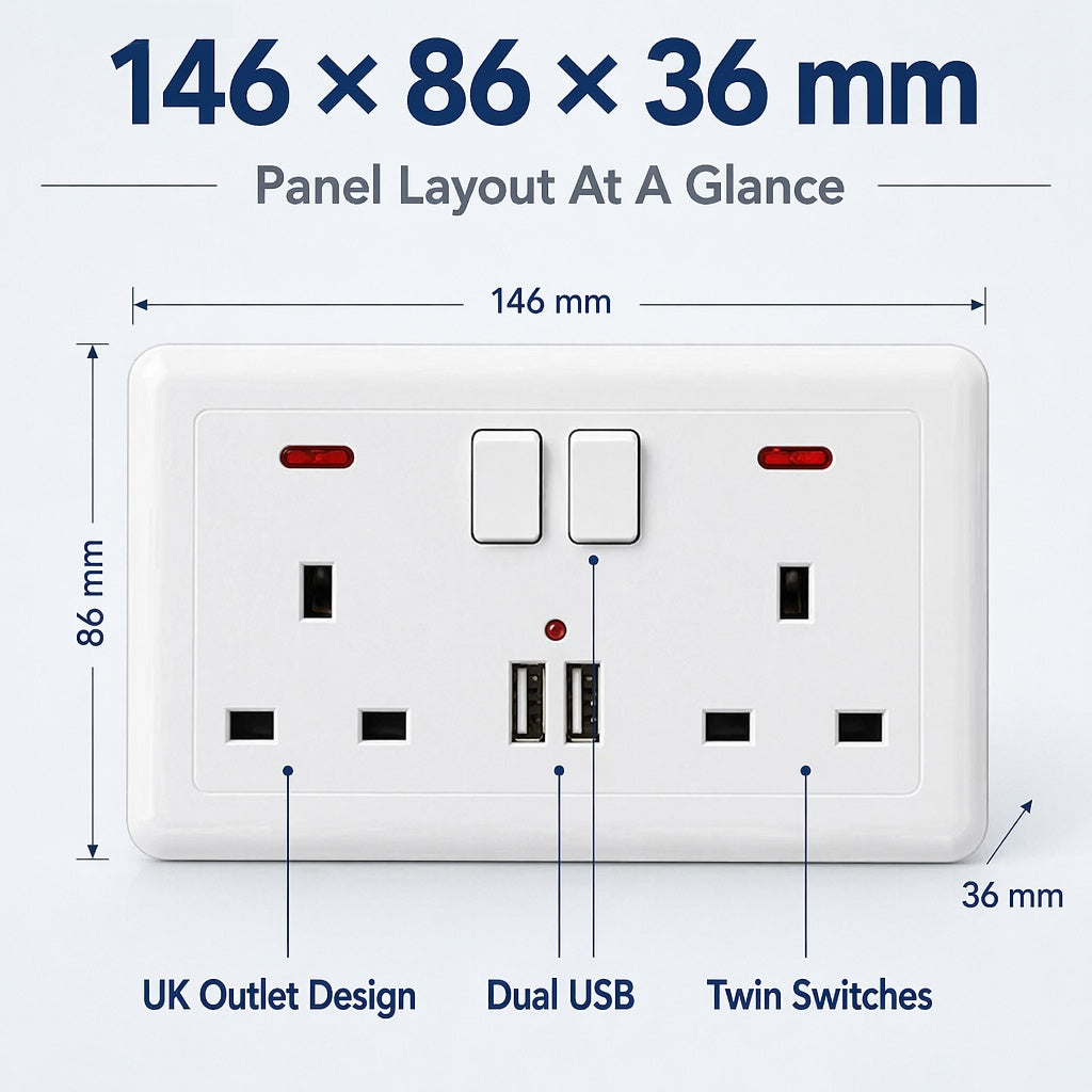Double Wall Plug Socket 2 Gang 13A W 2 Charger