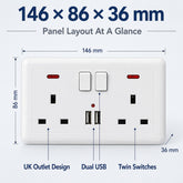 Double Wall Plug Socket 2 Gang 13A W 2 Charger
