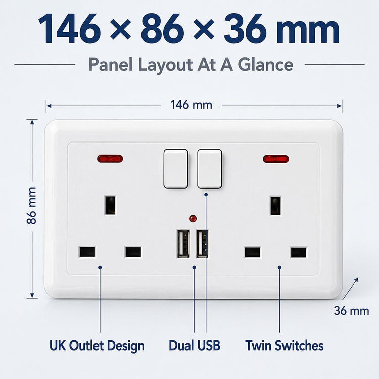 Double Wall Plug Socket 2 Gang 13A W 2 Charger