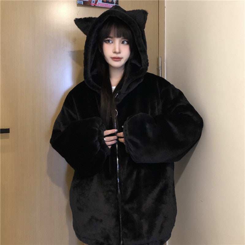 Thickened Ears Furry Coat Cotton Clothes Women&